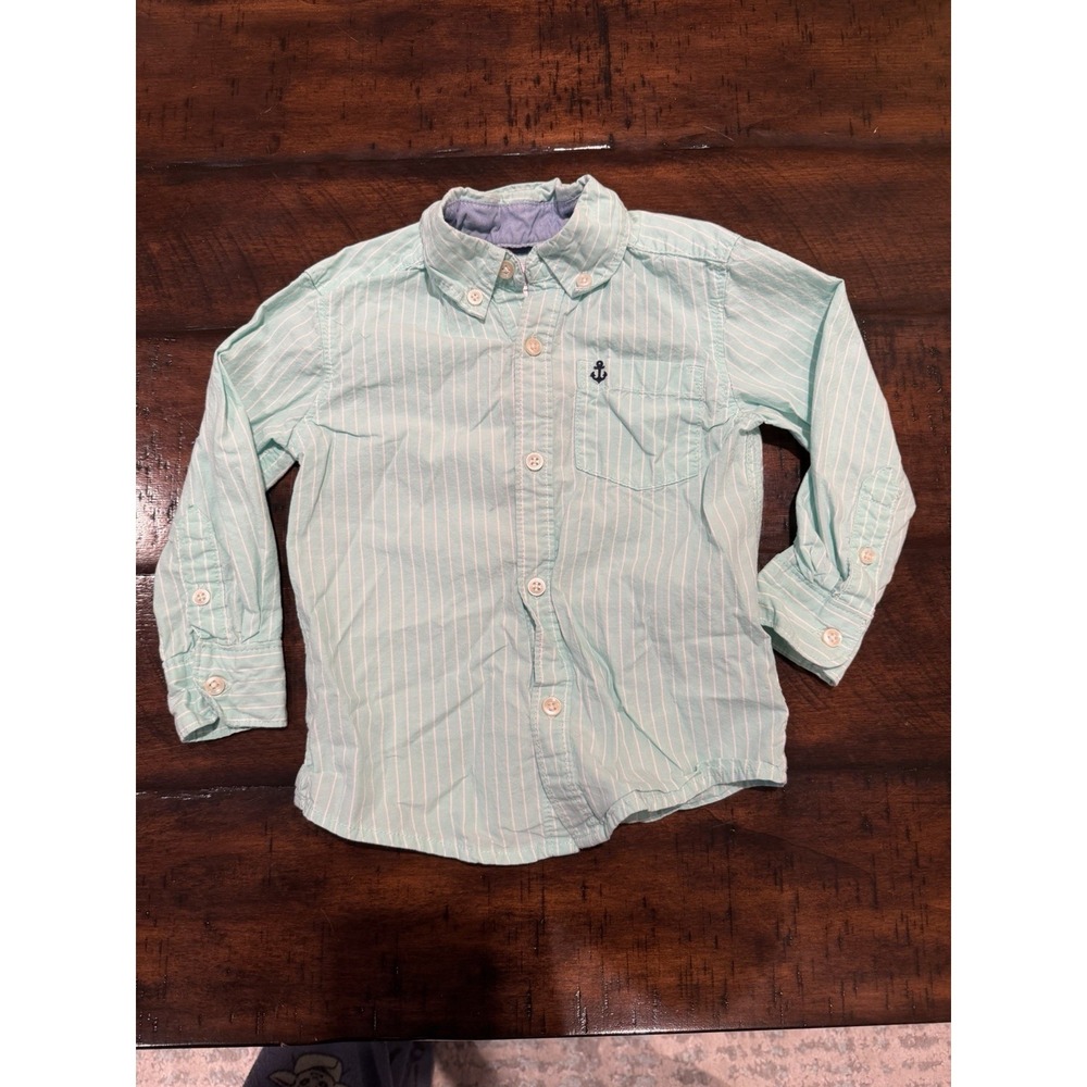 Carters 2T Toddler Green White Stripes Button Up Shirt With Anchor Embroidered